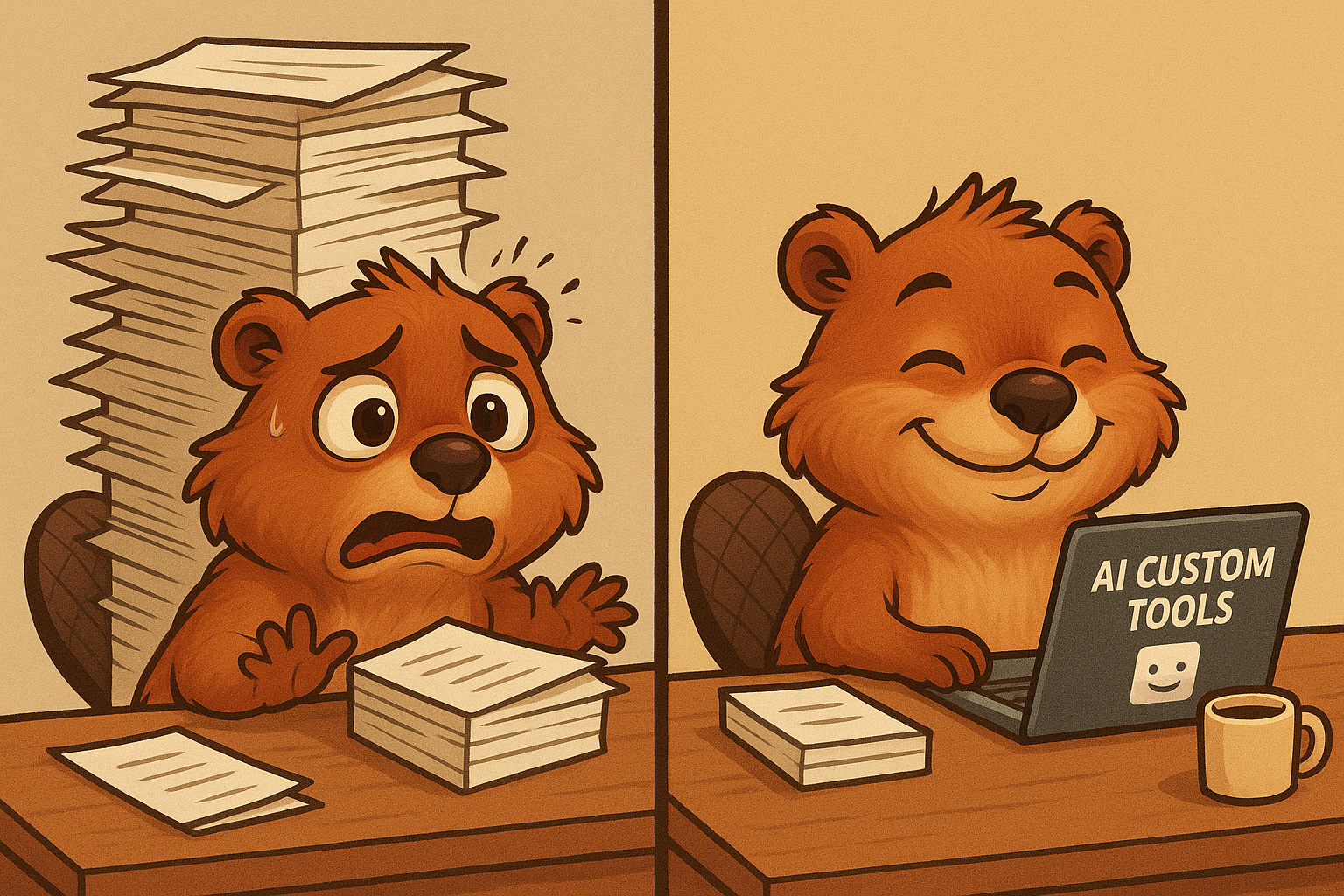 A split visual: left side shows a beaver struggling with a mountain of paper; right side shows the beaver with a clean desk happy and relaxed thanks to AI custom tools for document processing. Comparison of generic vs. bespoke document solutions