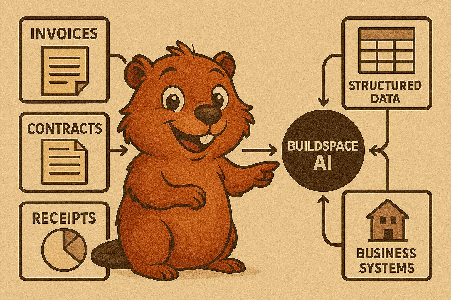 A happy beaver engineer connecting various data inputs (invoices, contracts, receipts) to a central Buildspace AI hub, which then outputs structured data into different business systems. AI-powered workflow tailored by Buildspace