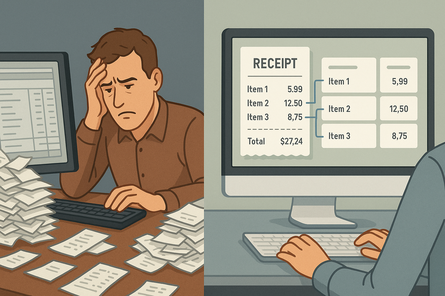Manual vs. AI-powered retail receipt processing A split image showing the contrast between manual retail receipt processing and automated AI processing. On the left, a cluttered desk with stacks of paper receipts and a frustrated person manually entering data into a computer. On the right, a clean, modern interface showing digital receipts being automatically processed, with line items being extracted and mapped to a structured database with green checkmarks, representing efficiency and cost savings.